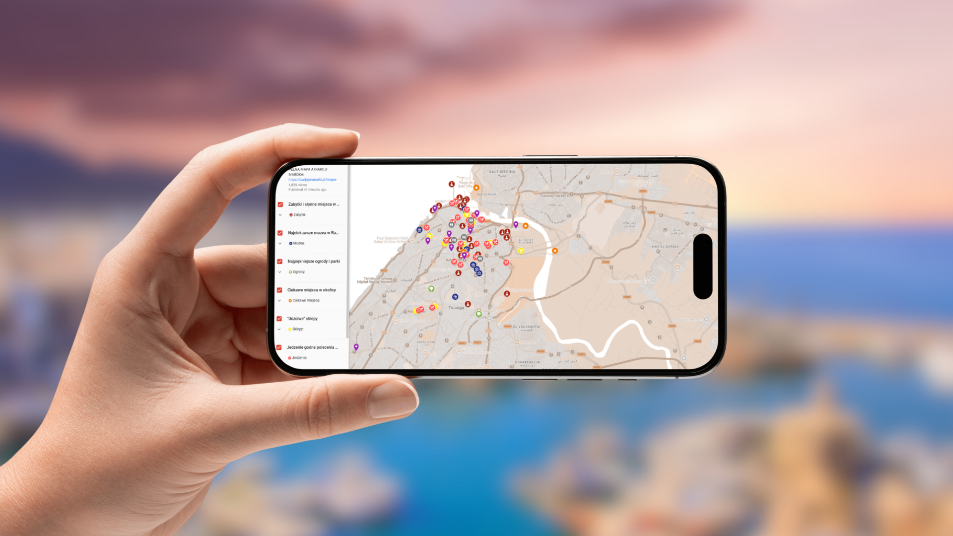 mapa Rabatu otwarta na telefonie poziomo
