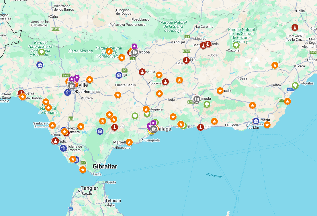 mapa atrakcji turystycznych i ciekawych miejsc w Andaluzji