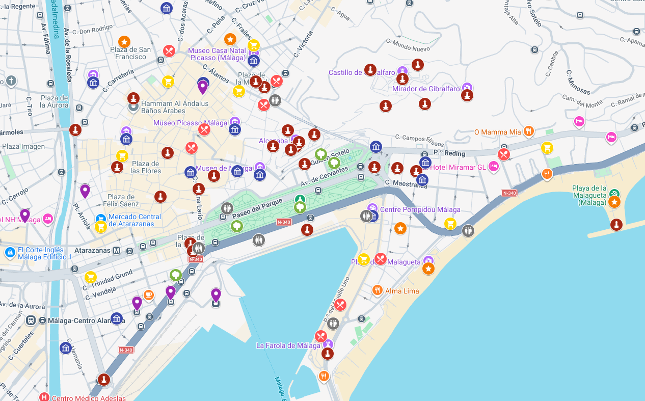 mapa atrakcji turystycznych w Maladze w Andaluzji