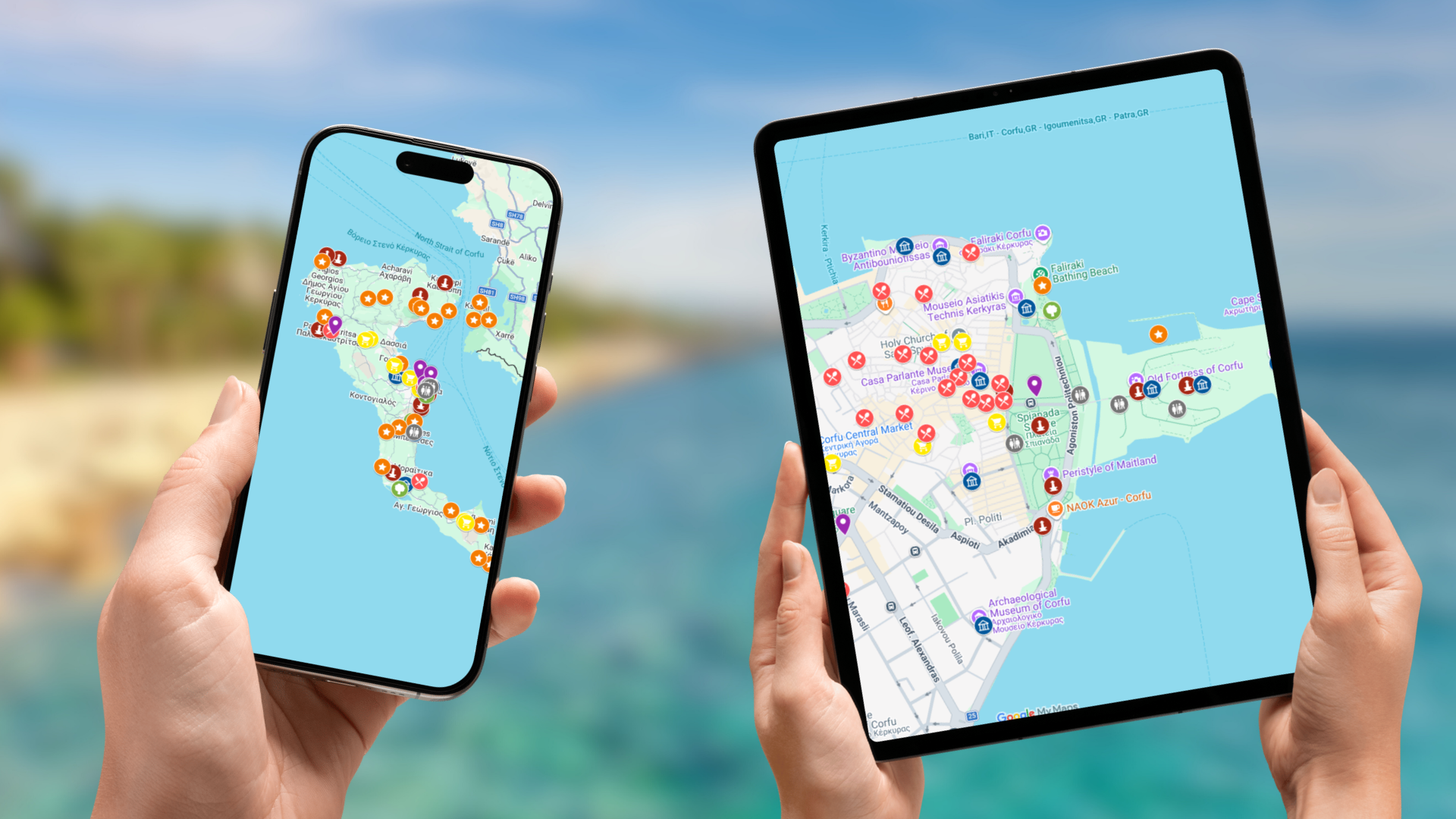 mapa atrakcji Korfu na telefonie i tablecie