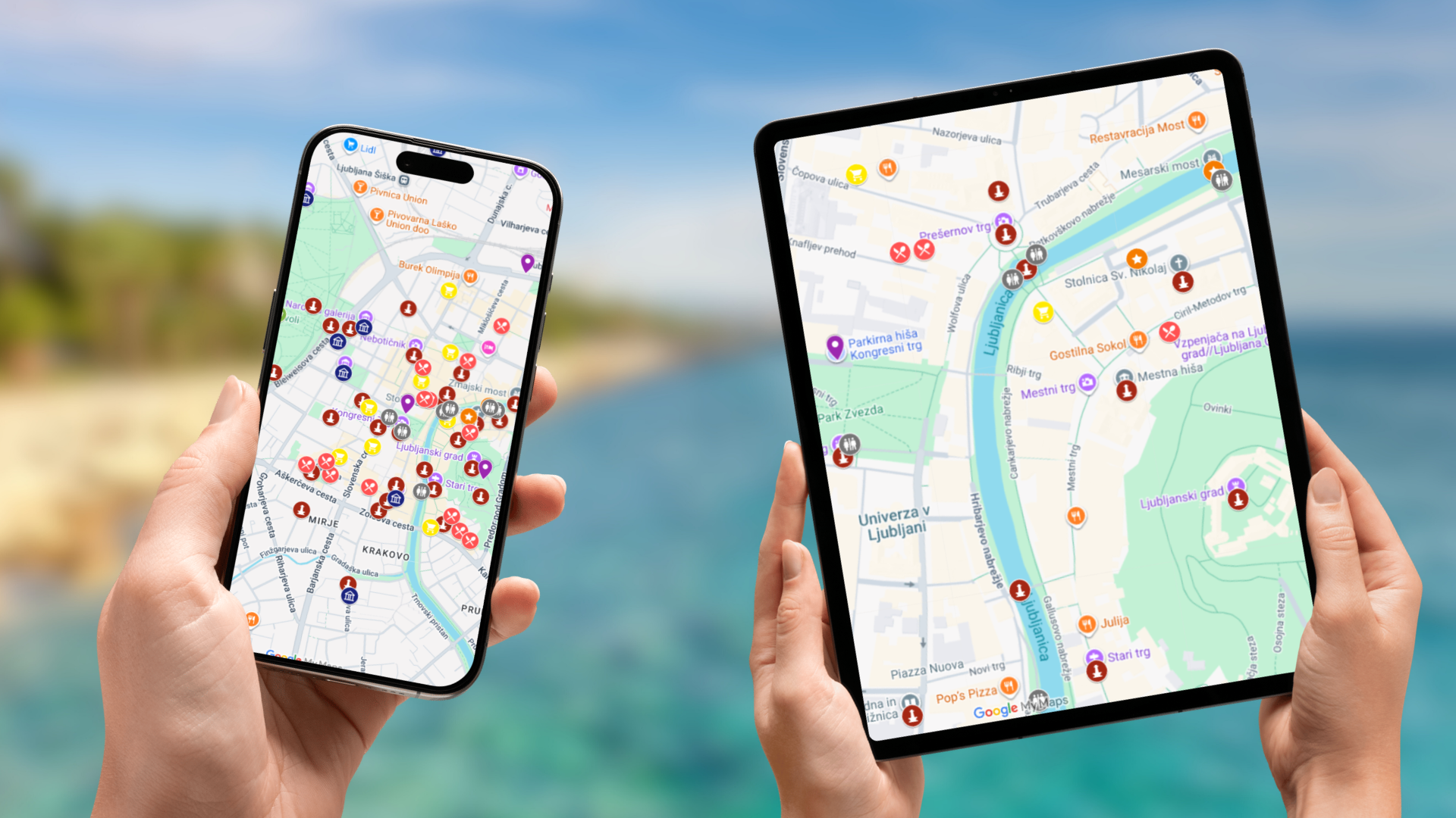 mapa atrakcji Lublany na telefonie i tablecie
