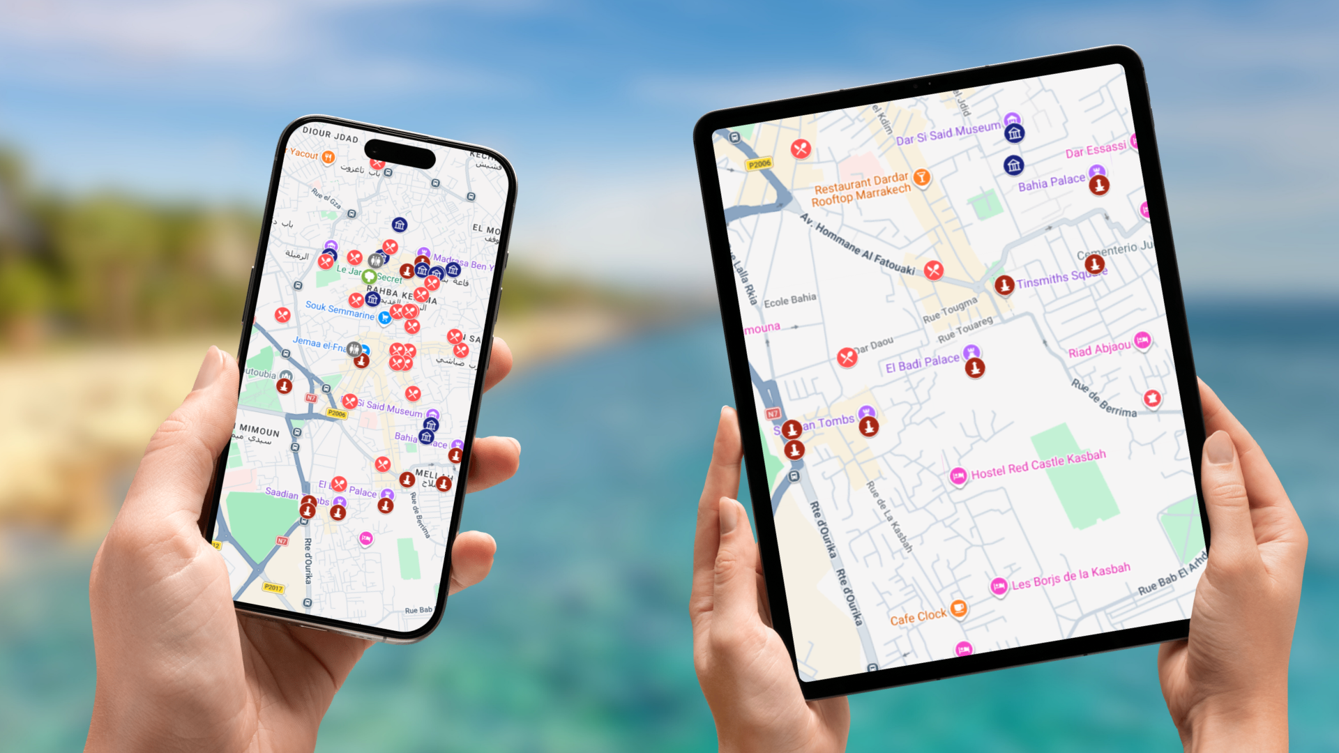 mapa atrakcji Marrakeszu na telefonie i tablecie