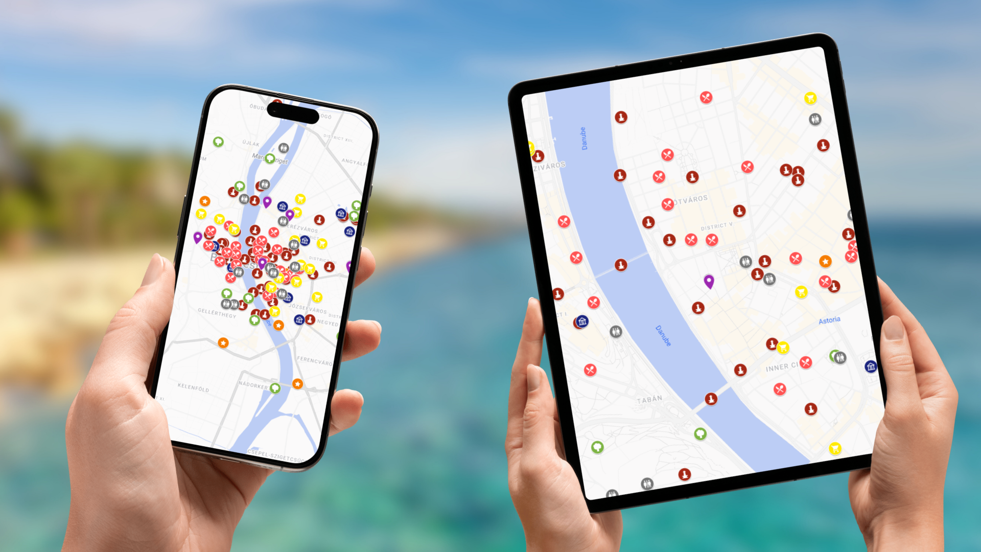 mapa atrakcji Budapesztu na telefonie i tablecie