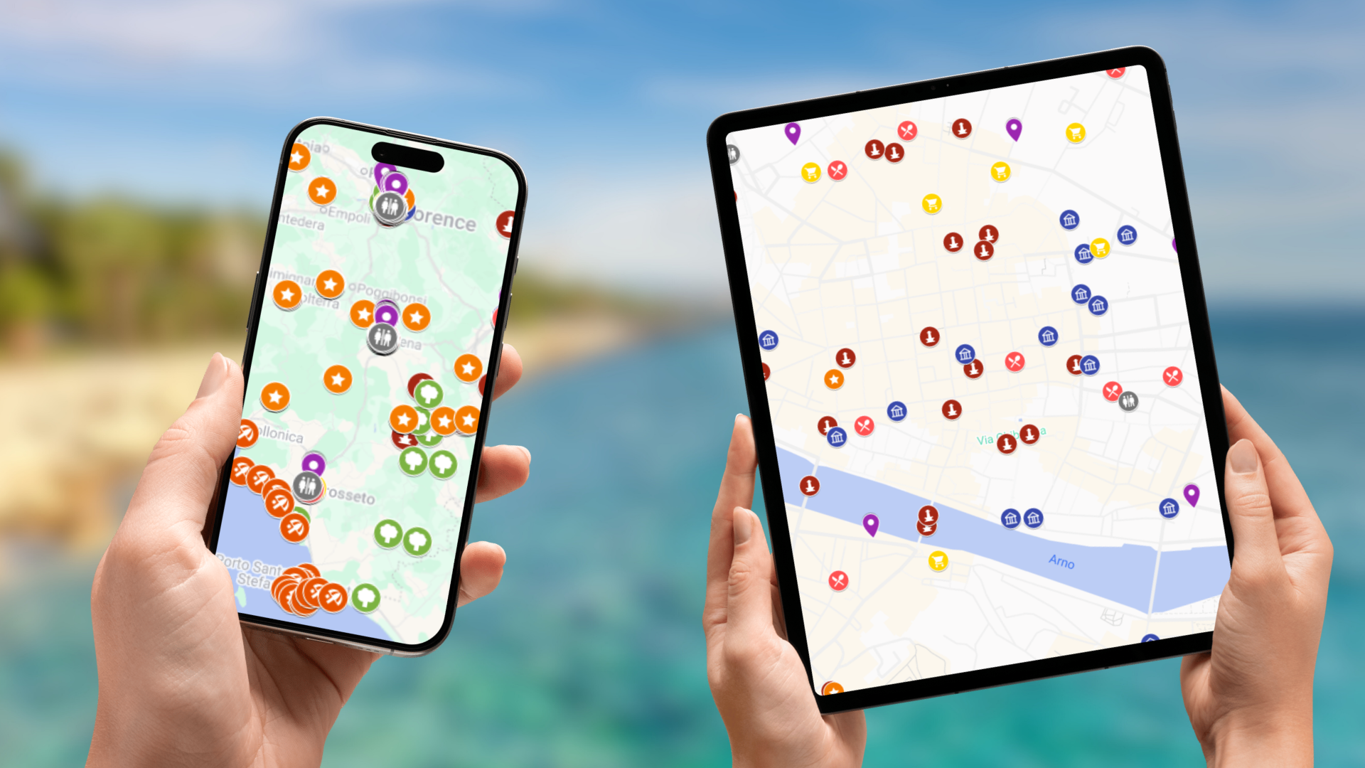 mapa atrakcji Toskanii na telefonie i tablecie
