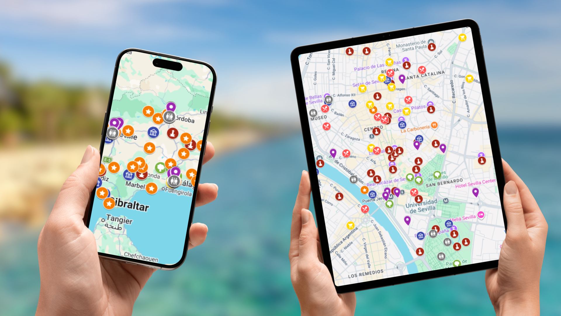 mapa atrakcji Andaluzji na telefonie i tablecie
