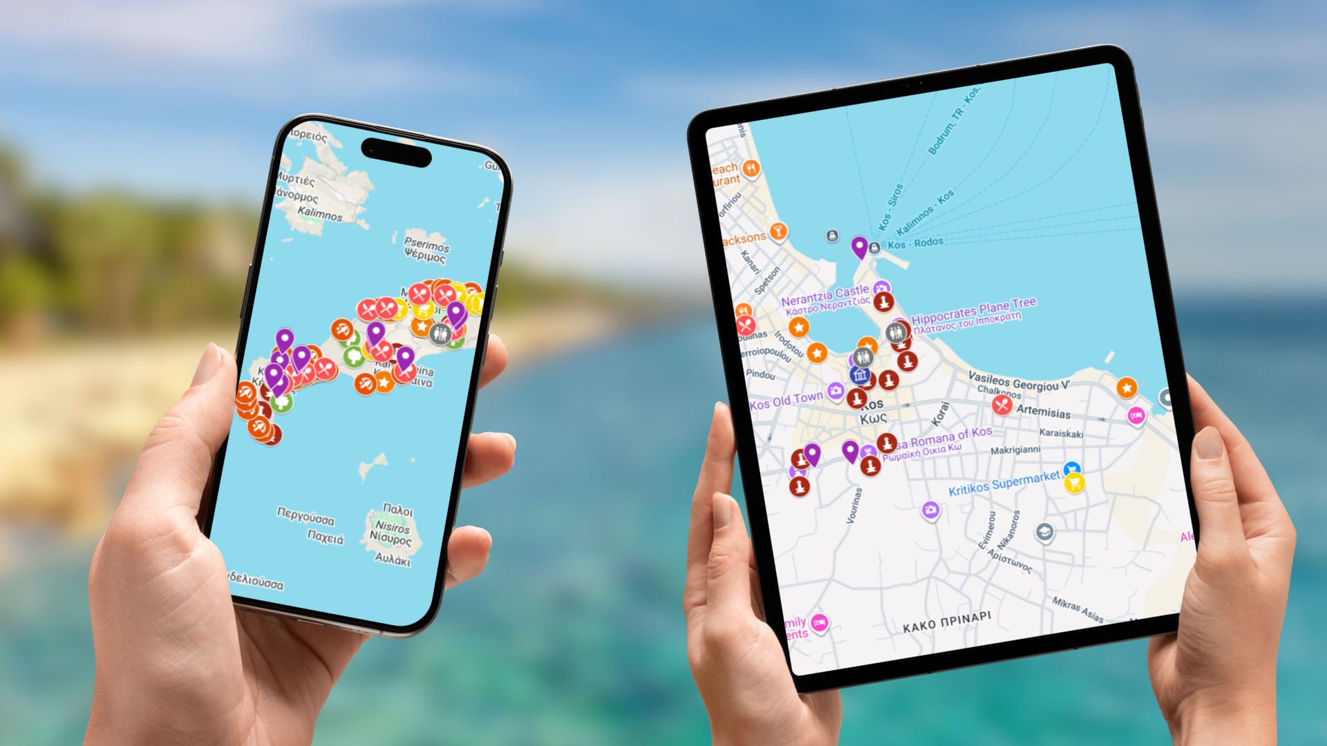 mapa atrakcji Kos na telefonie i tablecie