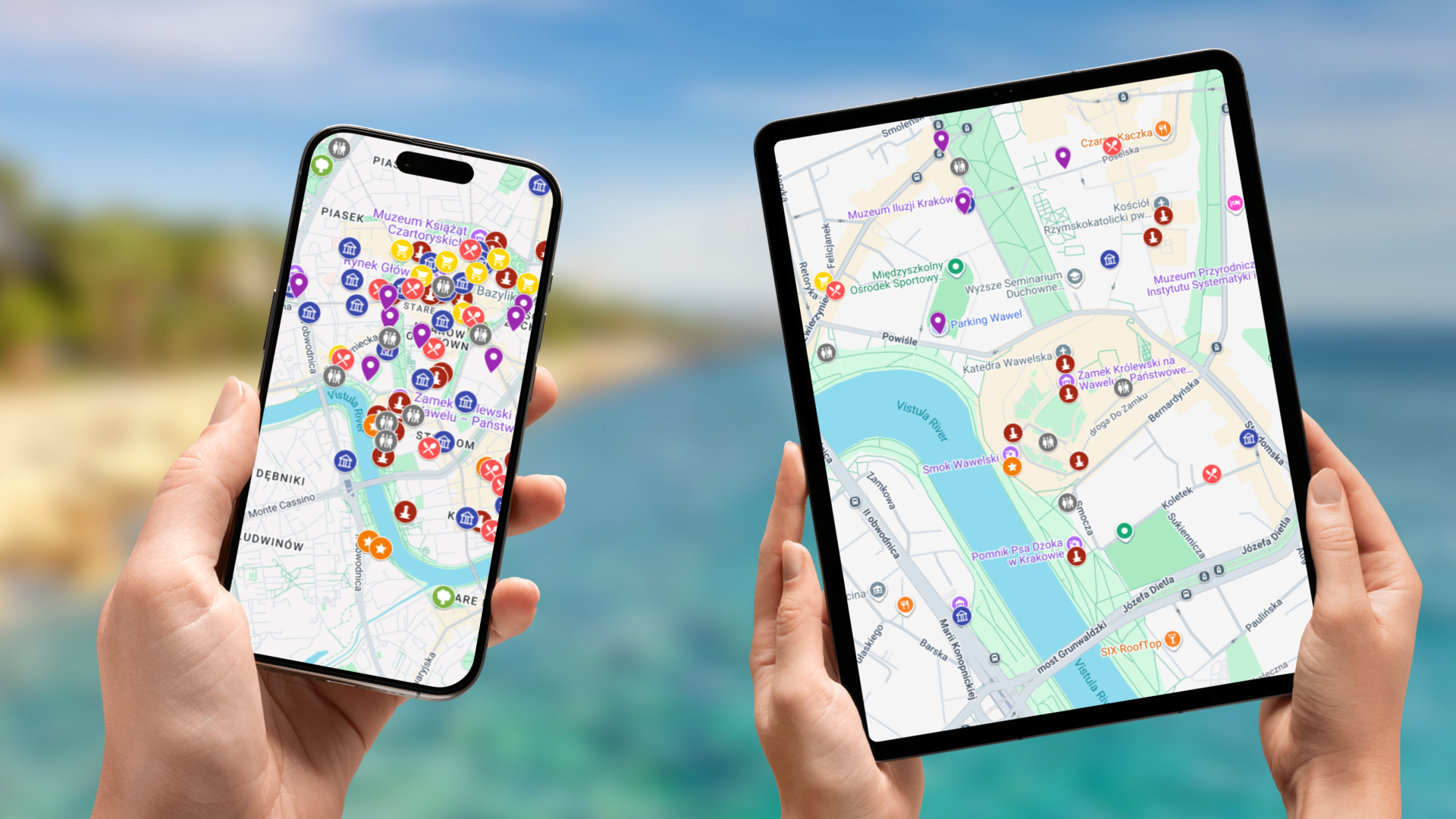 mapa atrakcji Krakowa na telefonie i tablecie