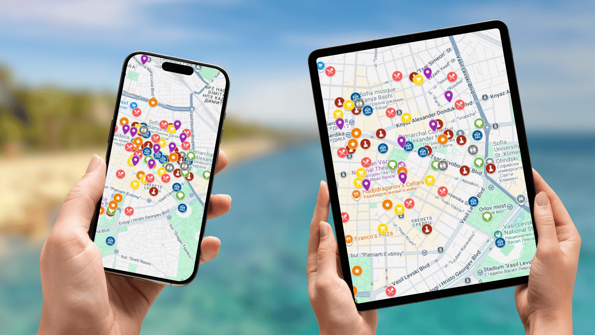 mapa atrakcji Sofii na telefonie i tablecie