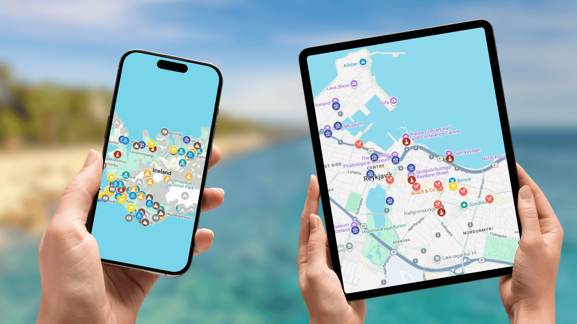 mapa atrakcji Islandii na telefonie i tablecie