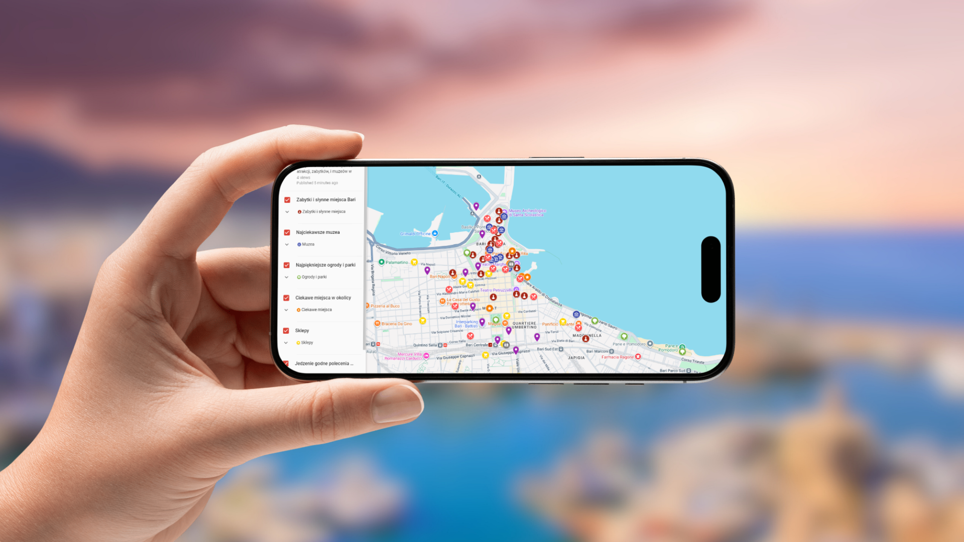 mapa Bari otwarta na telefonie poziomo