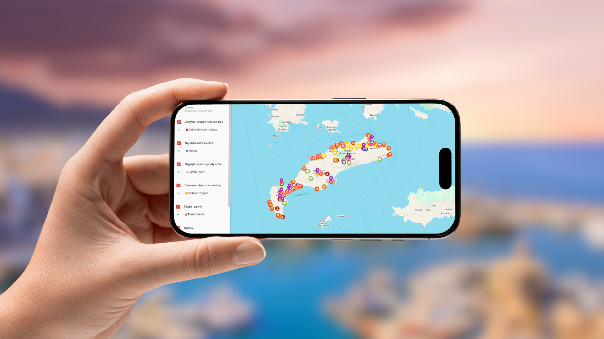 mapa Kos otwarta na telefonie poziomo