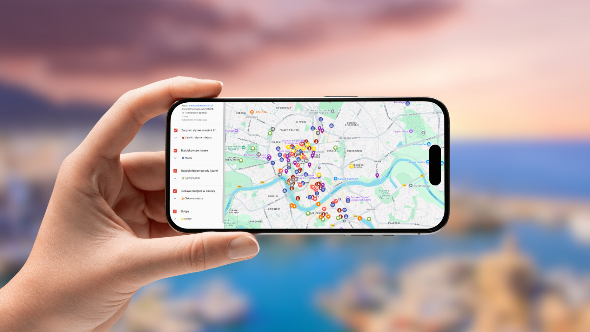 mapa Krakowa otwarta na telefonie poziomo