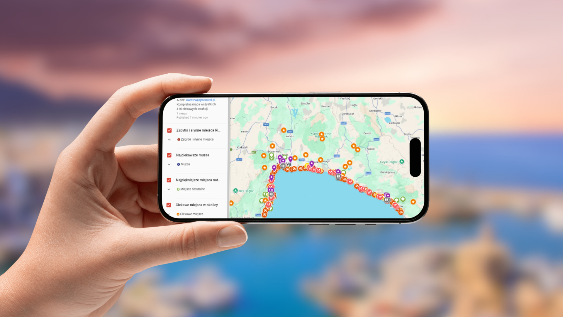 mapa Riwiery Tureckiej otwarta na telefonie poziomo