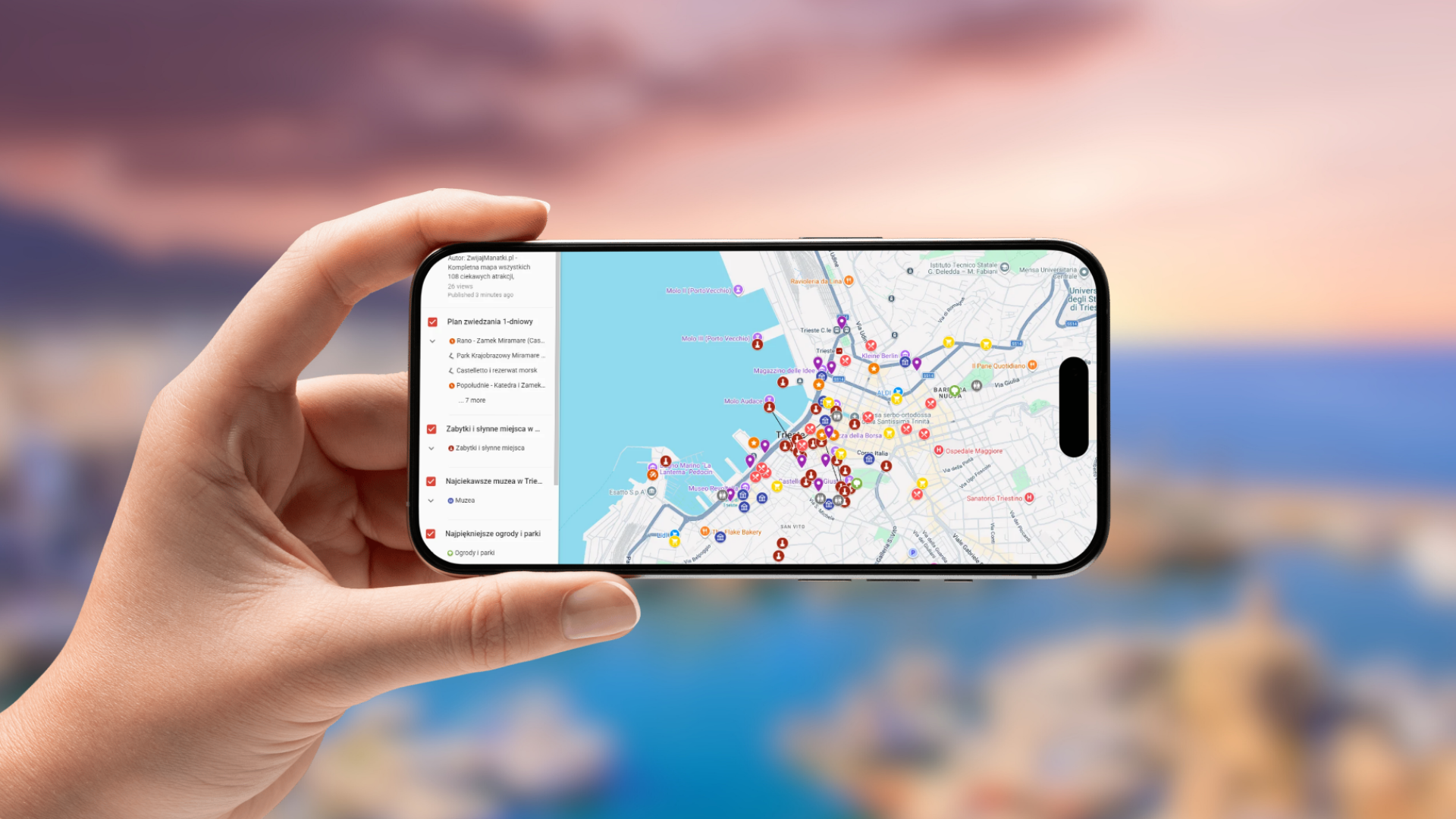 mapa Triestu otwarta na telefonie poziomo