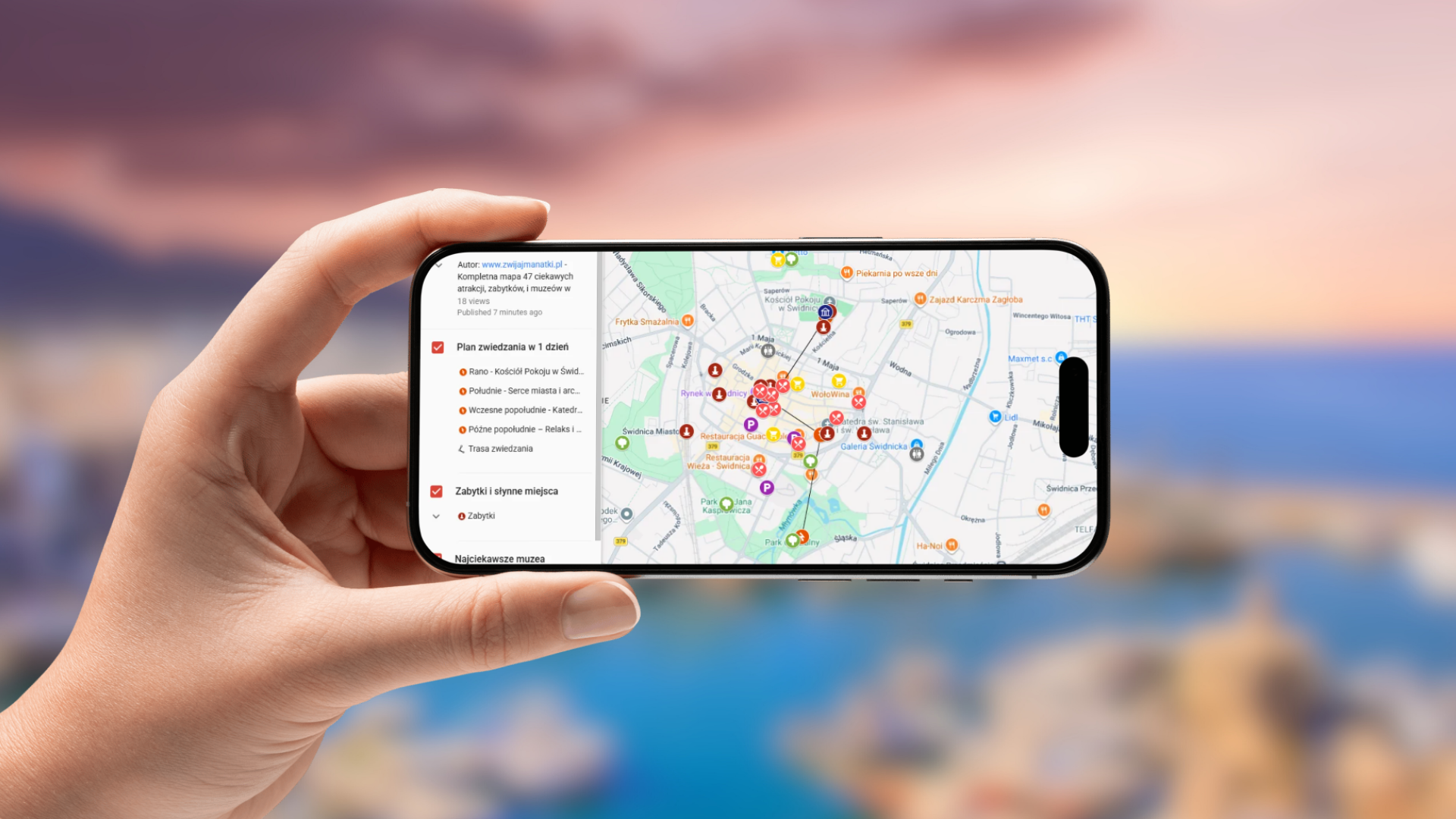 mapa Świdnicy otwarta na telefonie poziomo