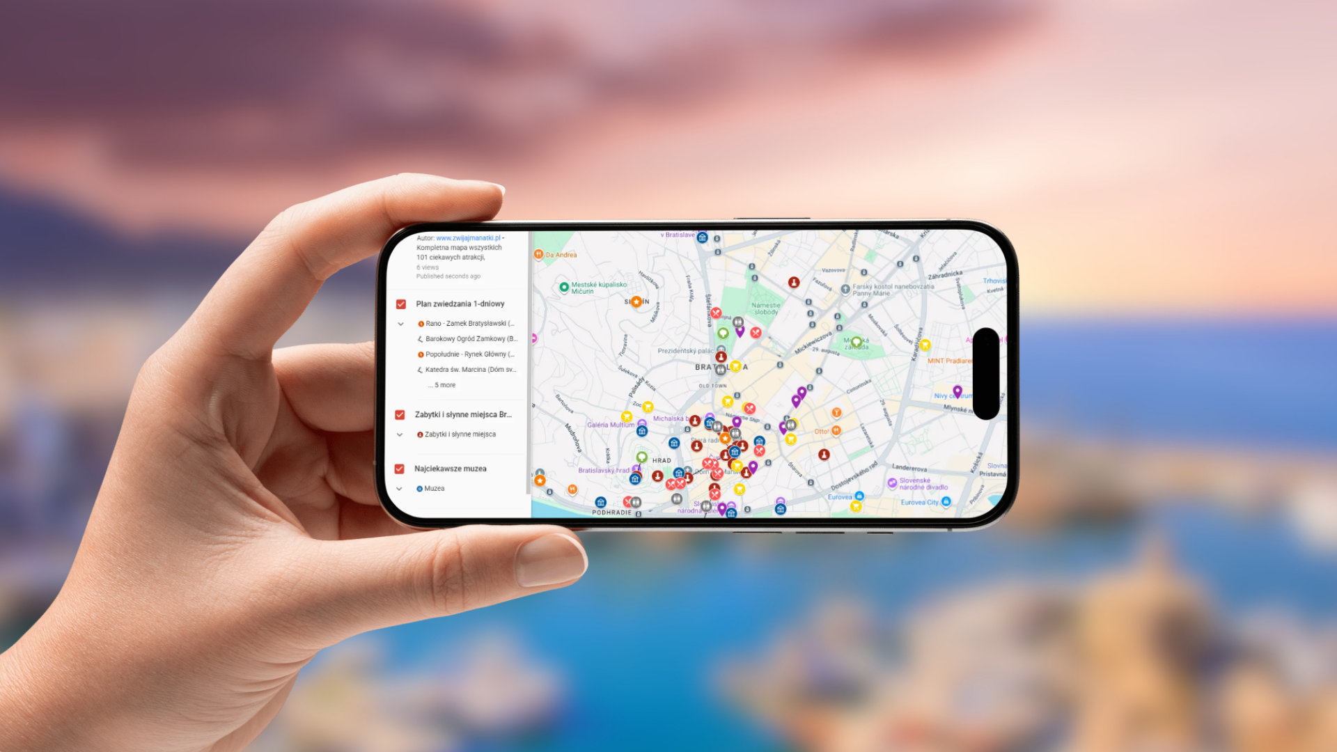 mapa Bratysławy otwarta na telefonie poziomo