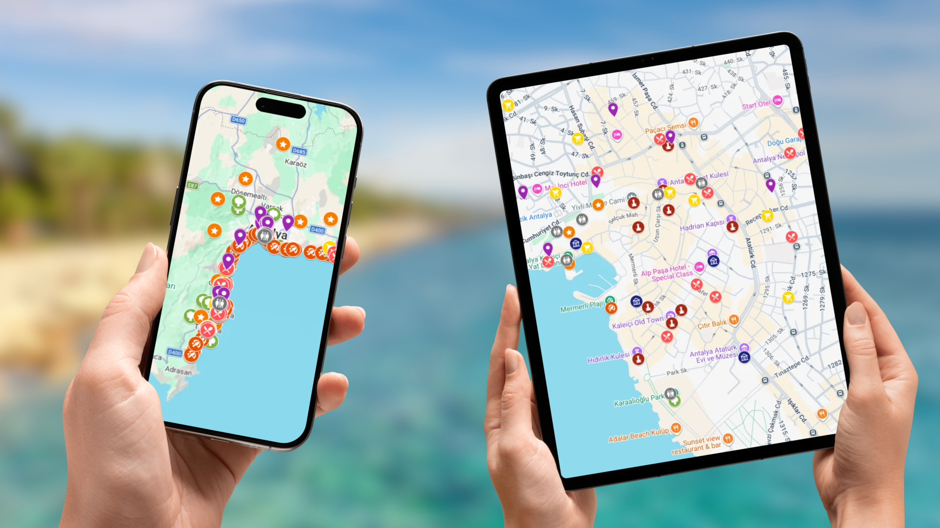 mapa atrakcji Riwiery Tureckiej na telefonie i tablecie
