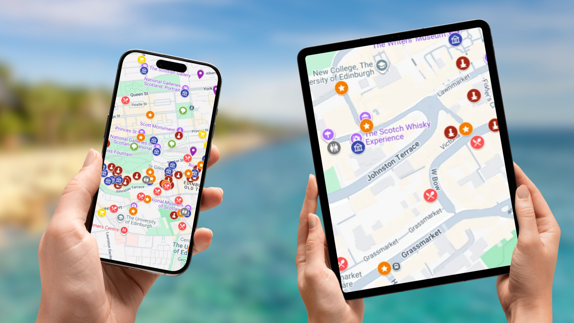 mapa atrakcji Edynburga na telefonie i tablecie